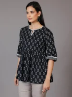 Black Printed Cotton A-Line Kurti - Image 2