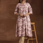 Pink Printed Cotton A-Line Kurta