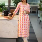 Orange Printed Silk Blend Straight Kurta