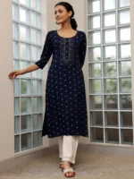 Blue Woven Design Cotton Straight Kurtas