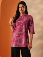 Pink Printed Silk Blend Straight Short Kurti - Image 3