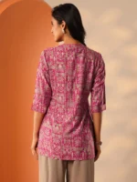 Pink Printed Silk Blend Straight Short Kurti - Image 3
