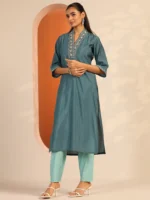 Blue Embellished Silk Blend Straight Kurta - Image 2