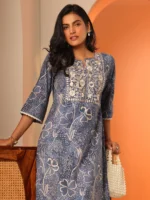 Blue Printed Silk Blend Straight Kurta