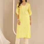 Yellow Printed Rayon Straight Kurta