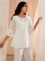 White Embroidered Cotton A-Line Kurti - Image 3