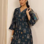 Navy Blue Printed Silk Blend Co-Ord Sets