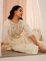 Off White Embroidered Cotton Straight Kurta - Image 3