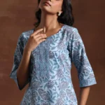 Blue Printed Cotton Straight Kurti