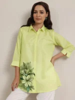 Lime Printed Cotton Blend Straight Short Kurti - Image 2