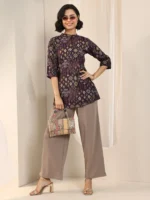 Burgundy Printed Silk Blend Straight Short Kurti - Image 4