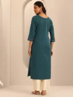 Teal Printed Cotton Blend Straight Kurta - Image 3