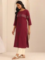 Red Printed Cotton Blend Straight Kurta - Image 2
