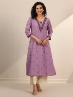 Lavender Woven Cotton Blend A-Line Kurta - Image 4