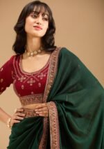 Bottle Green Gold Zariwork Soft Raw Silk Saree - Image 2