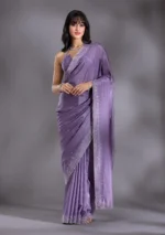 Violet Silver Stonework Satin Saree - Image 3