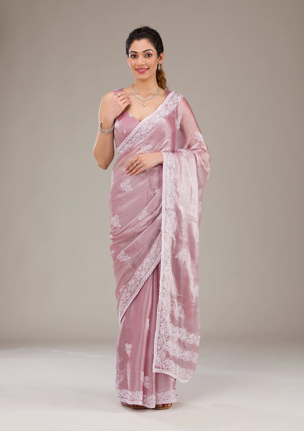 Onion pink threadwork tissue saree