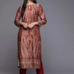 Rust Printed Velvet Straight Kurta