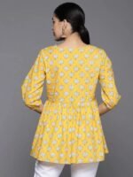 Yellow Printed Cotton A-Line Kurti - Image 4