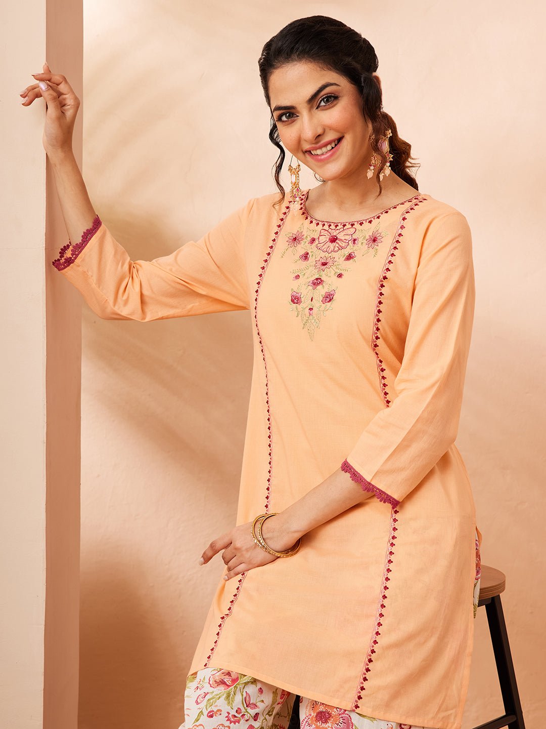 Peach embroidered pure cotton cord set