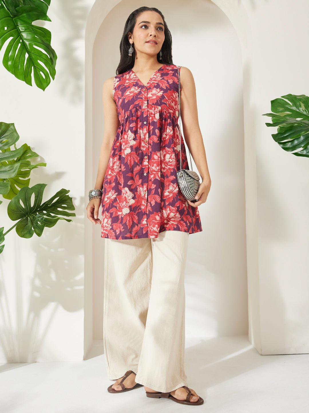 Wine floral printed short kurti