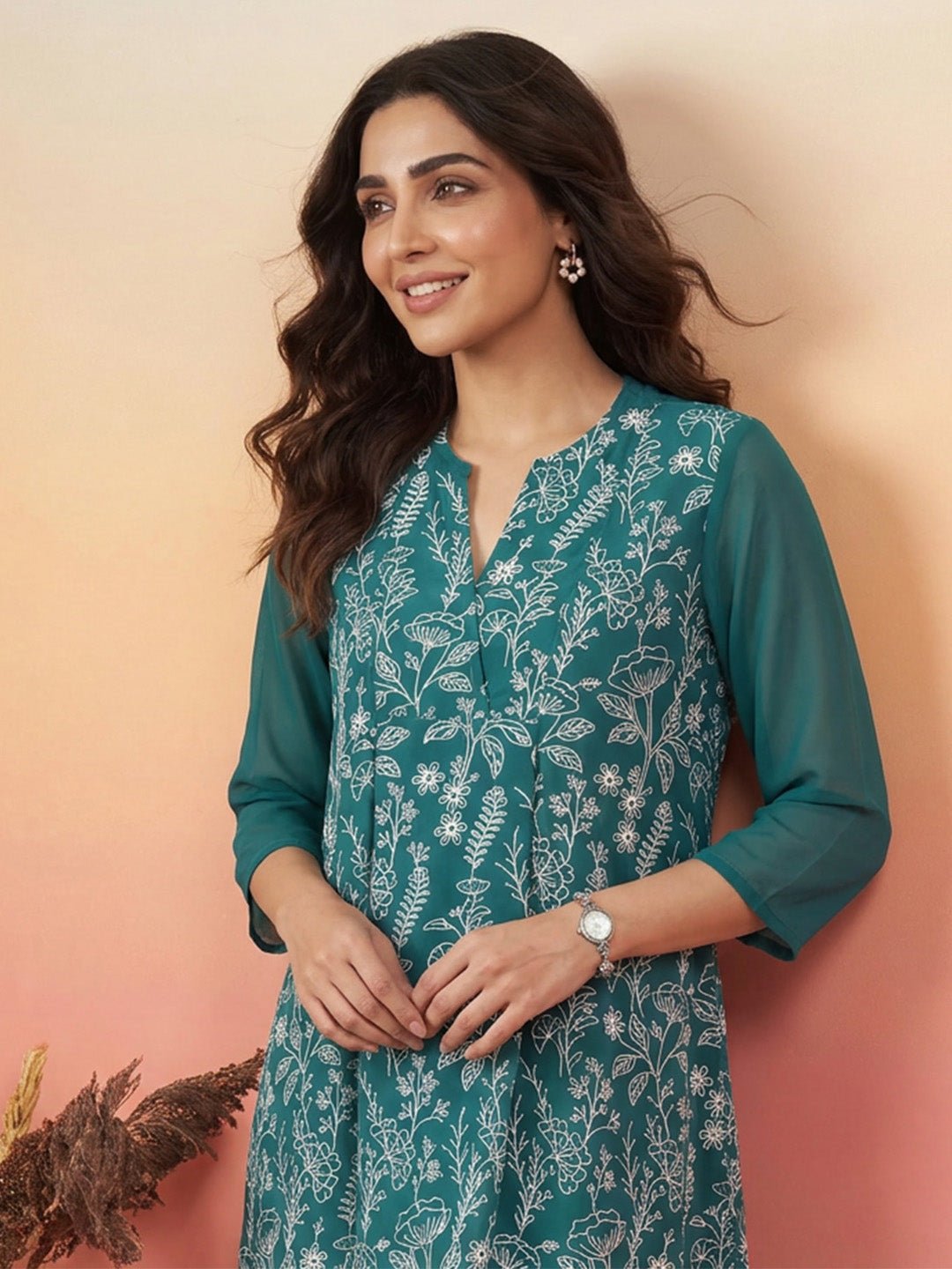 Teal floral short kurti from the APEXVOGUE collection