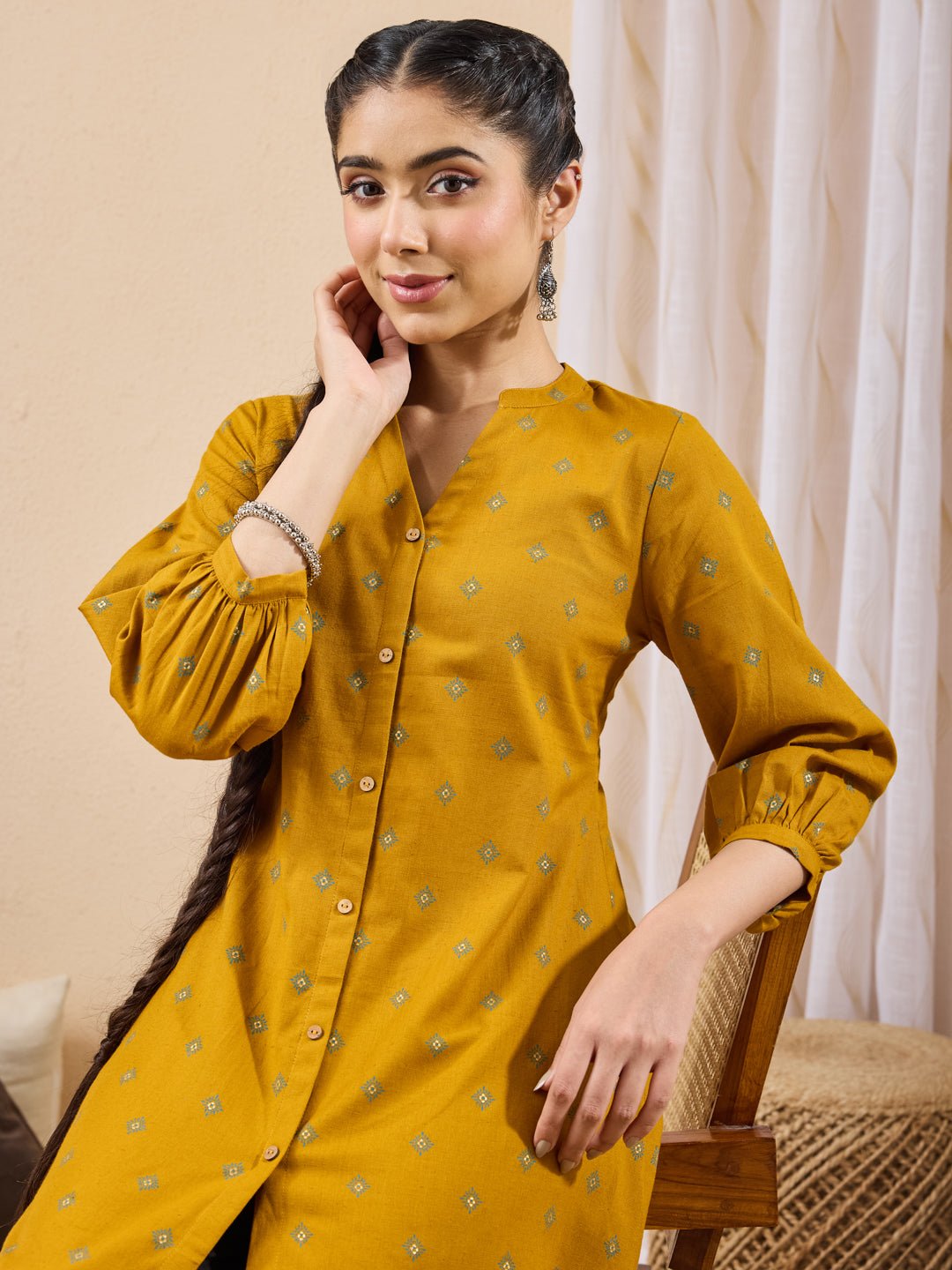 JAC26TU04251_1.jpg Mustard Linen Cotton Ethnic Motifs Printed Straight Short Kurti - Image 1